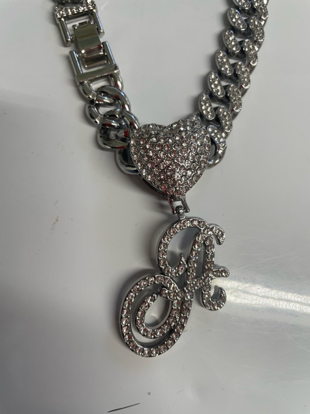 Silver tone Link Bracelet with Heart and Initial A Charm - Picture 2 of 11
